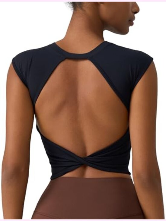Other - Twist Back Workout Top with Built-in Bra, Crop Tank, Cap Sleeve